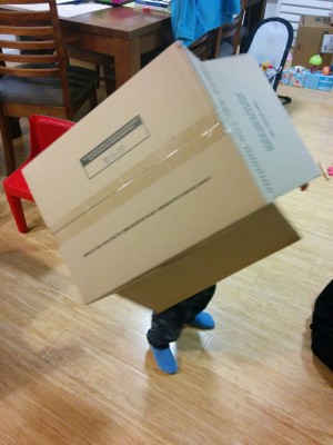 A toddler has a large box over her head. Only her legs and feet are visible. She is indoors.