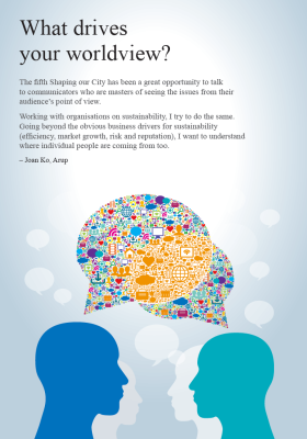 The front page of a booklet entitled 'What drives your worldview?'. It includes two silhouetted heads talking to each other with colourful speech bubbles.